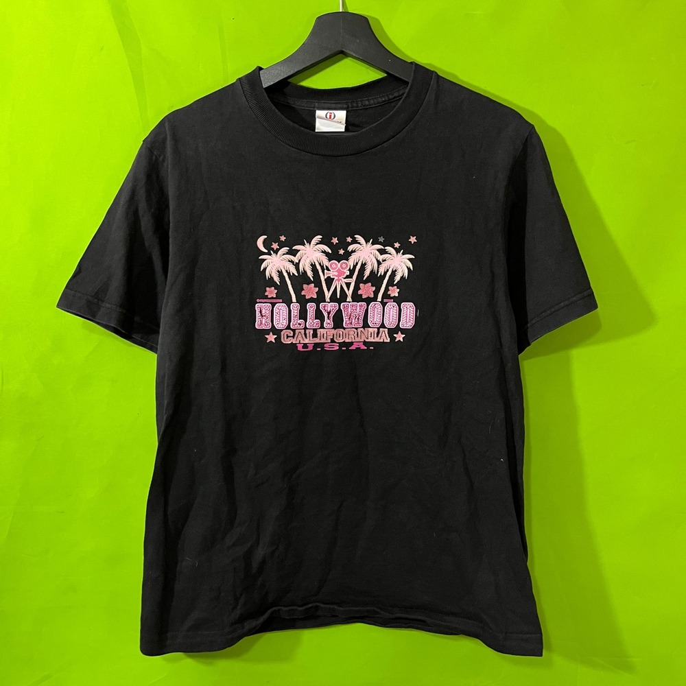 Vintage Hollywood California USA Souvenir T-Shirt Black Pink Glitter Palm Tree M
